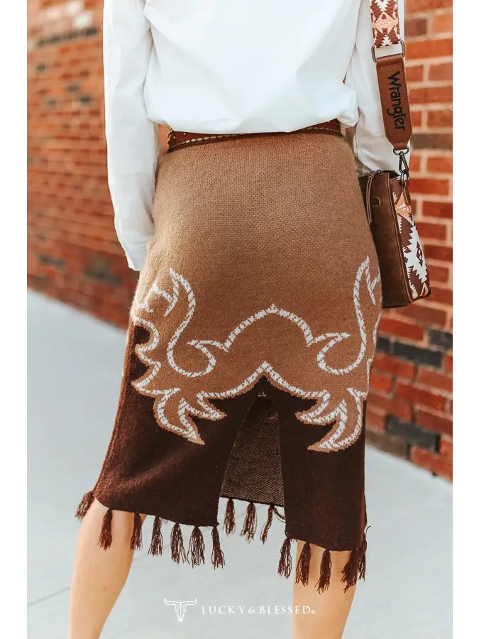 *PREORDER* Brown Aztec Knit Sweater Fringe Back Slit Skirt
