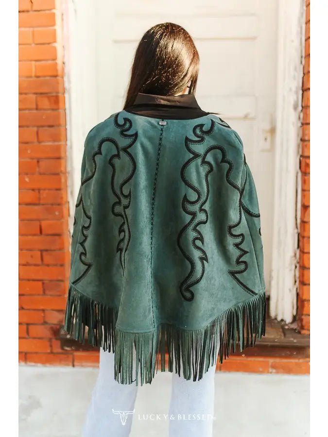*PREORDER* Teal Suede Black Embroidered Bootstitch Fringe Cape