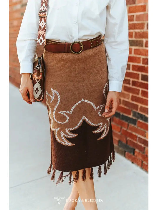 *PREORDER* Brown Aztec Knit Sweater Fringe Back Slit Skirt