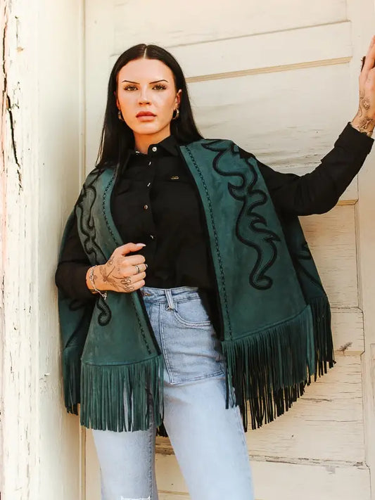 *PREORDER* Teal Suede Black Embroidered Bootstitch Fringe Cape